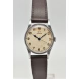 A VINTAGE STAINLESS STEEL MANUAL WIND OMEGA WRISTWATCH, the cream dial, with black Arabic