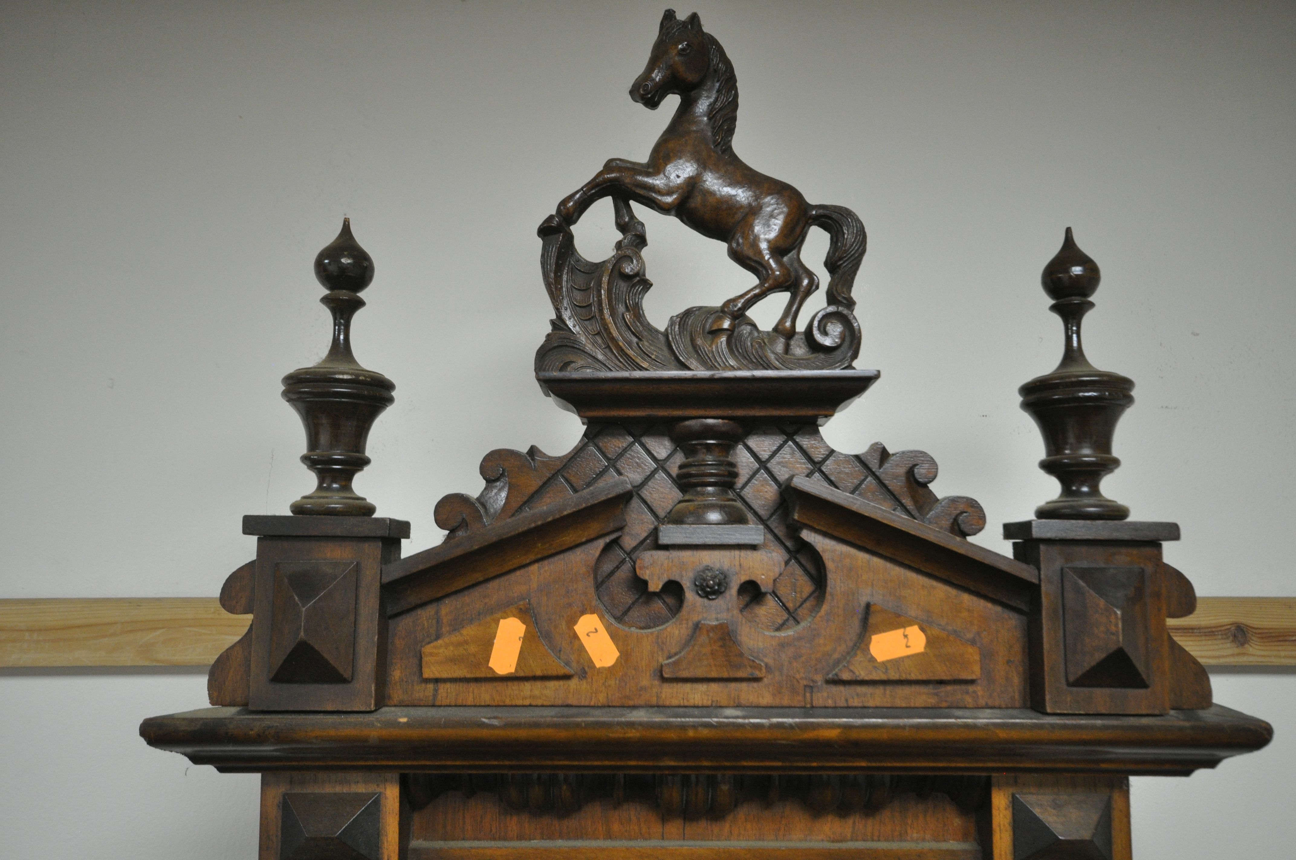 A LATE 19TH CENTURY VIENNA WALL CLOCK, with a resin horse pediment, turned pillars to the doors, - Image 2 of 5