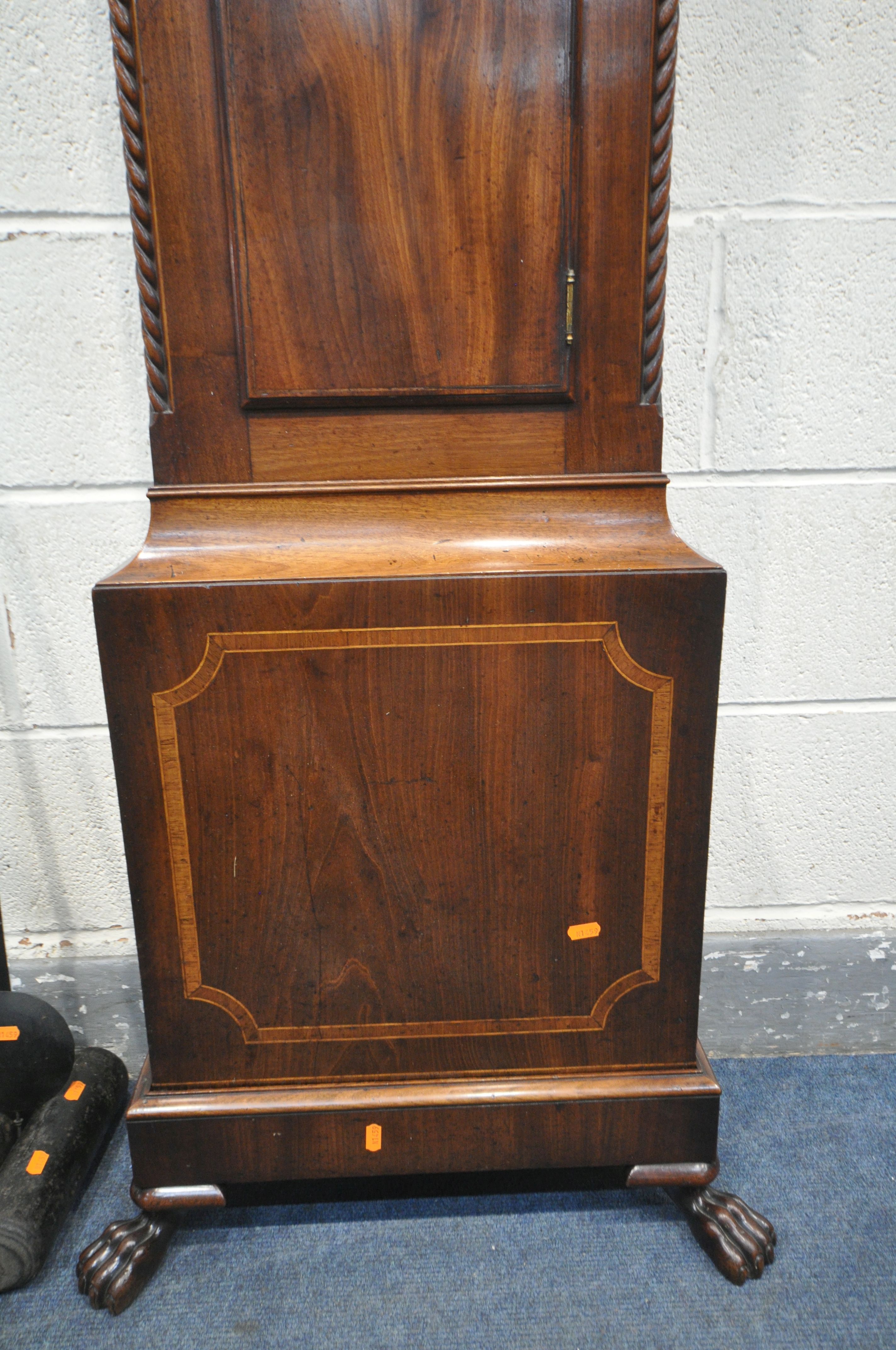 A REGENCY MAHOGANY EIGHT DAY LONGCASE CLOCK, the hood with three finials of a bird with open - Image 7 of 9