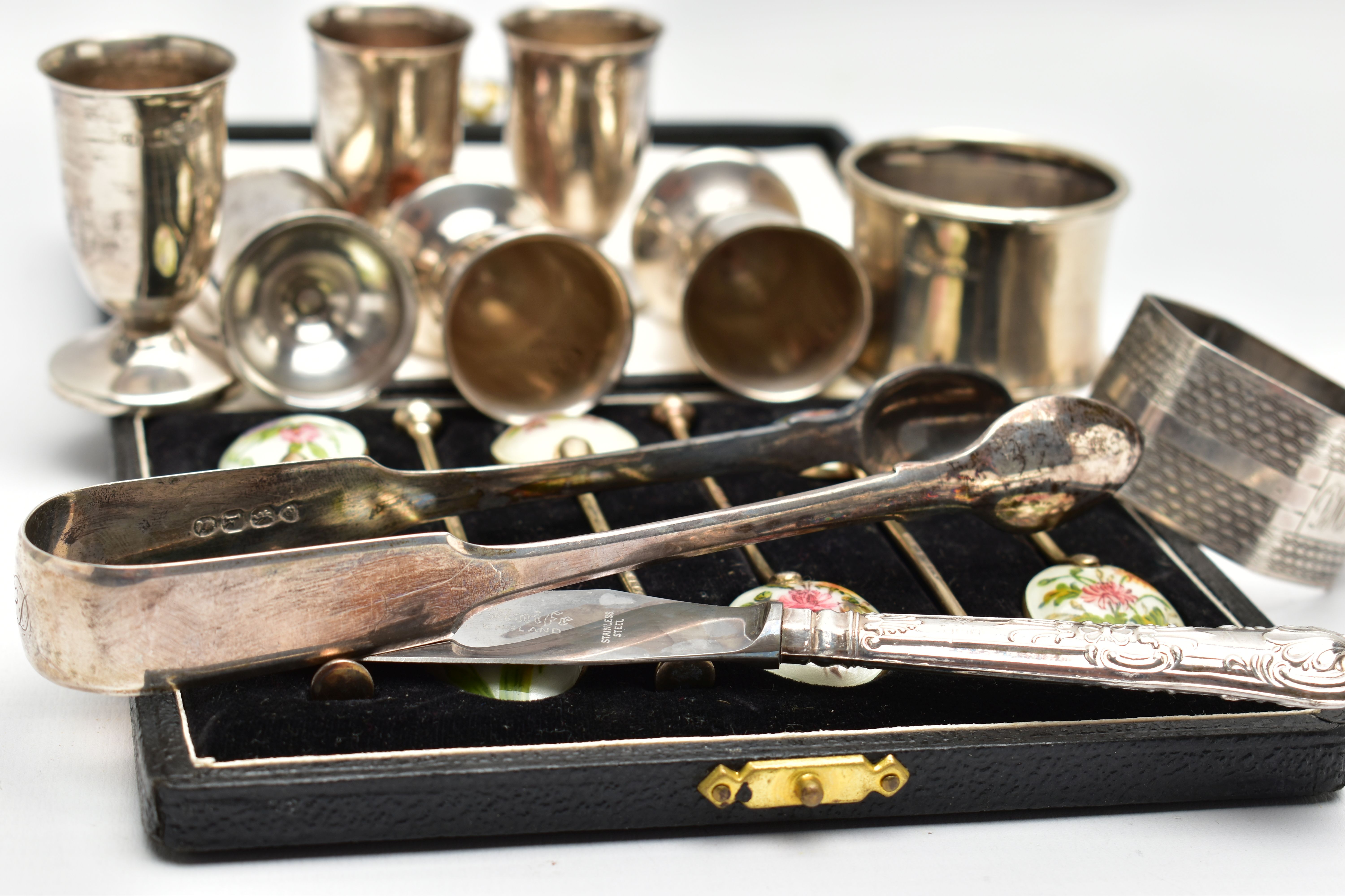 A CASED SET OF SIX ELIZABETH II SILVER GILT AND ENAMEL COFFEE SPOONS AND TEN OTHER SILVER ITEMS, - Image 7 of 8