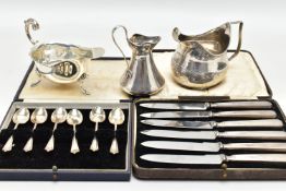 A CASED SET OF ELIZABETH II SILVER TEA SPOONS, A CASED SET OF SIX SILVER HANDLED TEA KNIVES AND