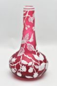A CONTEMPORARY CAMEO GLASS VASE, having squat globular body and tapering long neck, ruby glass