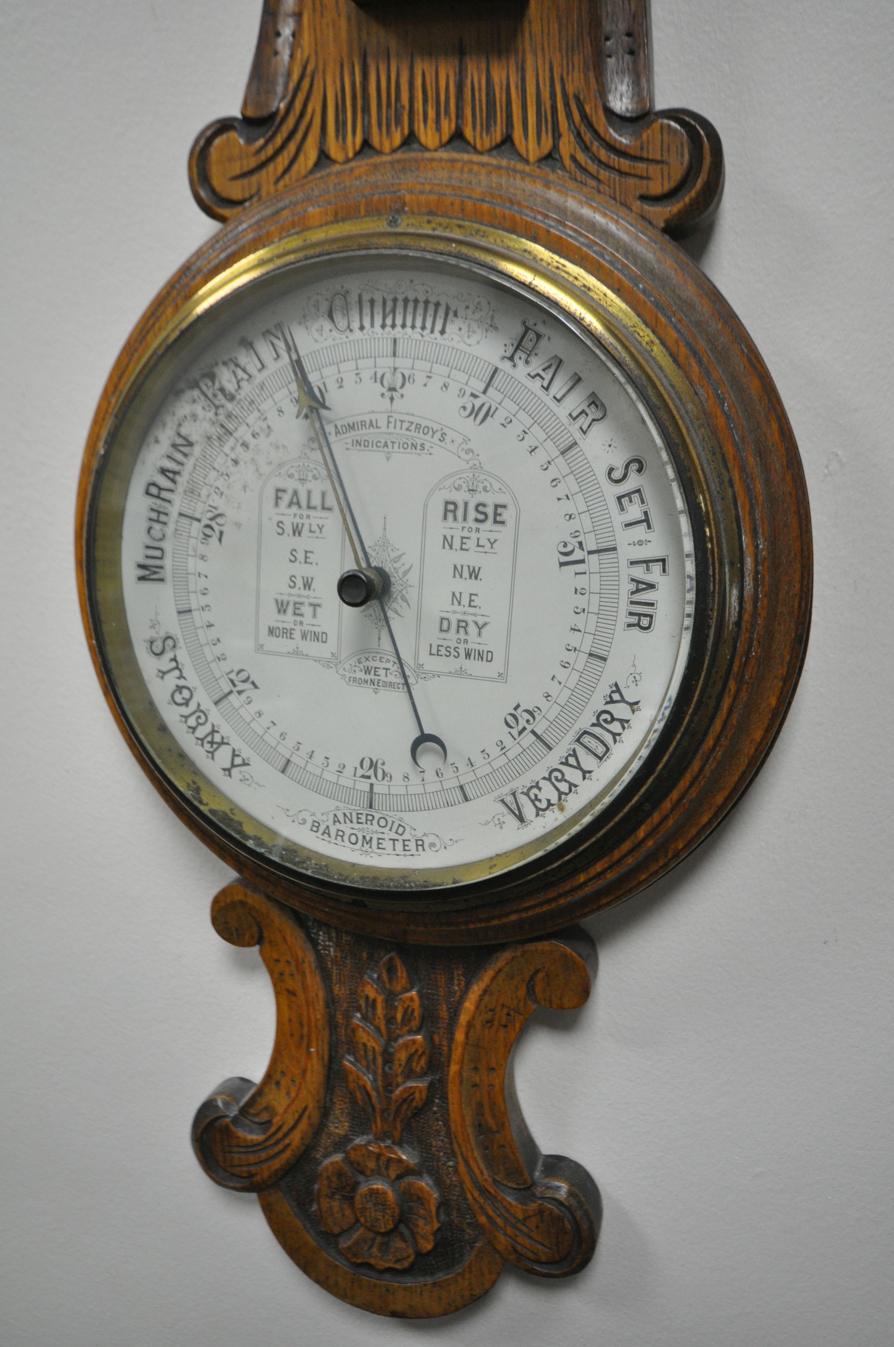 THREE LATE 19TH/EARLY 20TH CENTURY CARVED WOOD ANEROID BAROMETERS, all with thermometers and - Image 7 of 7