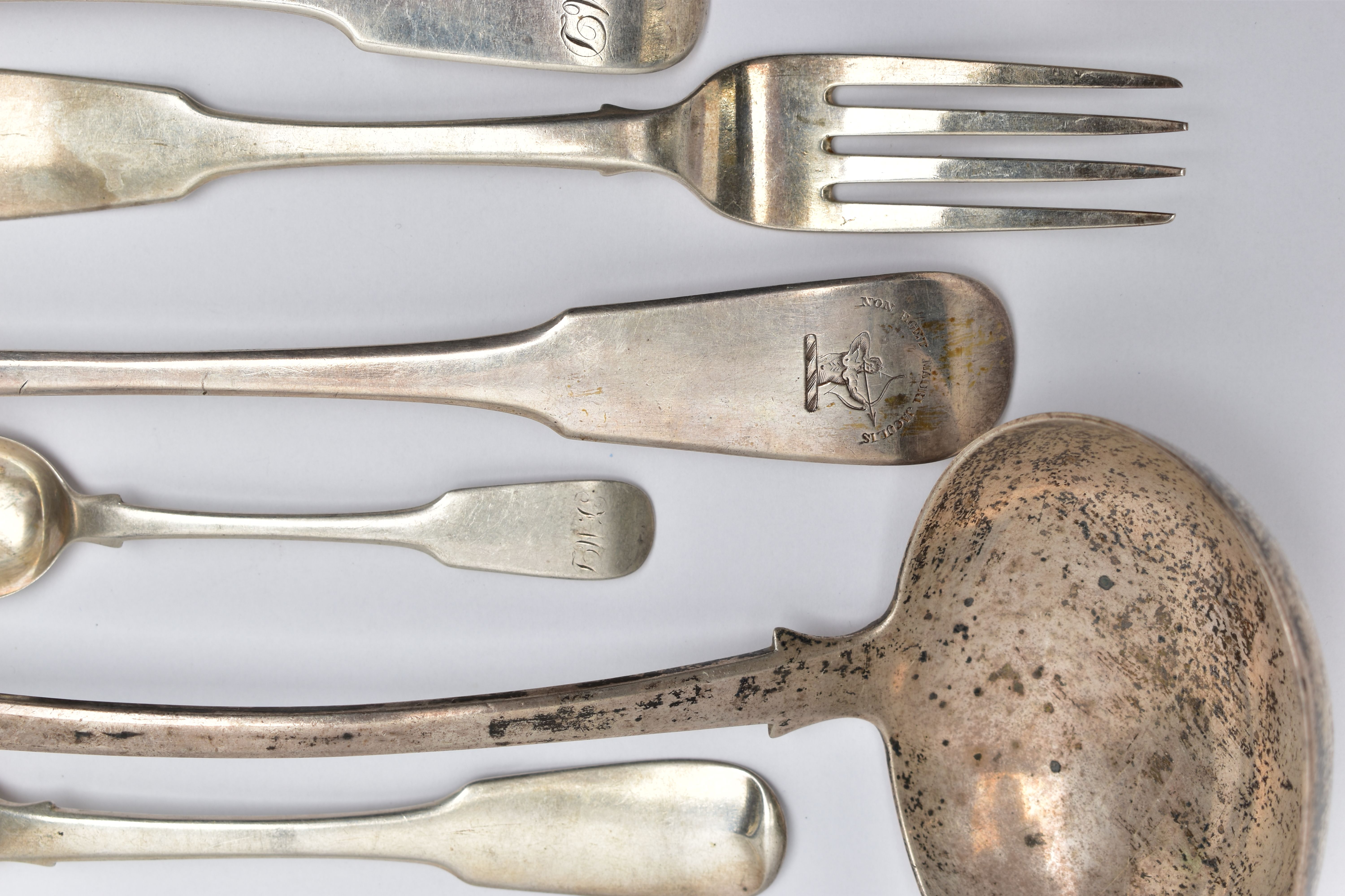 ELEVEN PIECES OF 19TH CENTURY SCOTTISH SILVER FLATWARE, comprising a soup ladle, two tablespoon - Image 2 of 7