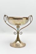 A GEORGE V SILVER TWIN HANDLED TROPHY CUP, the shallow silver cup on a slender pedestal with cast