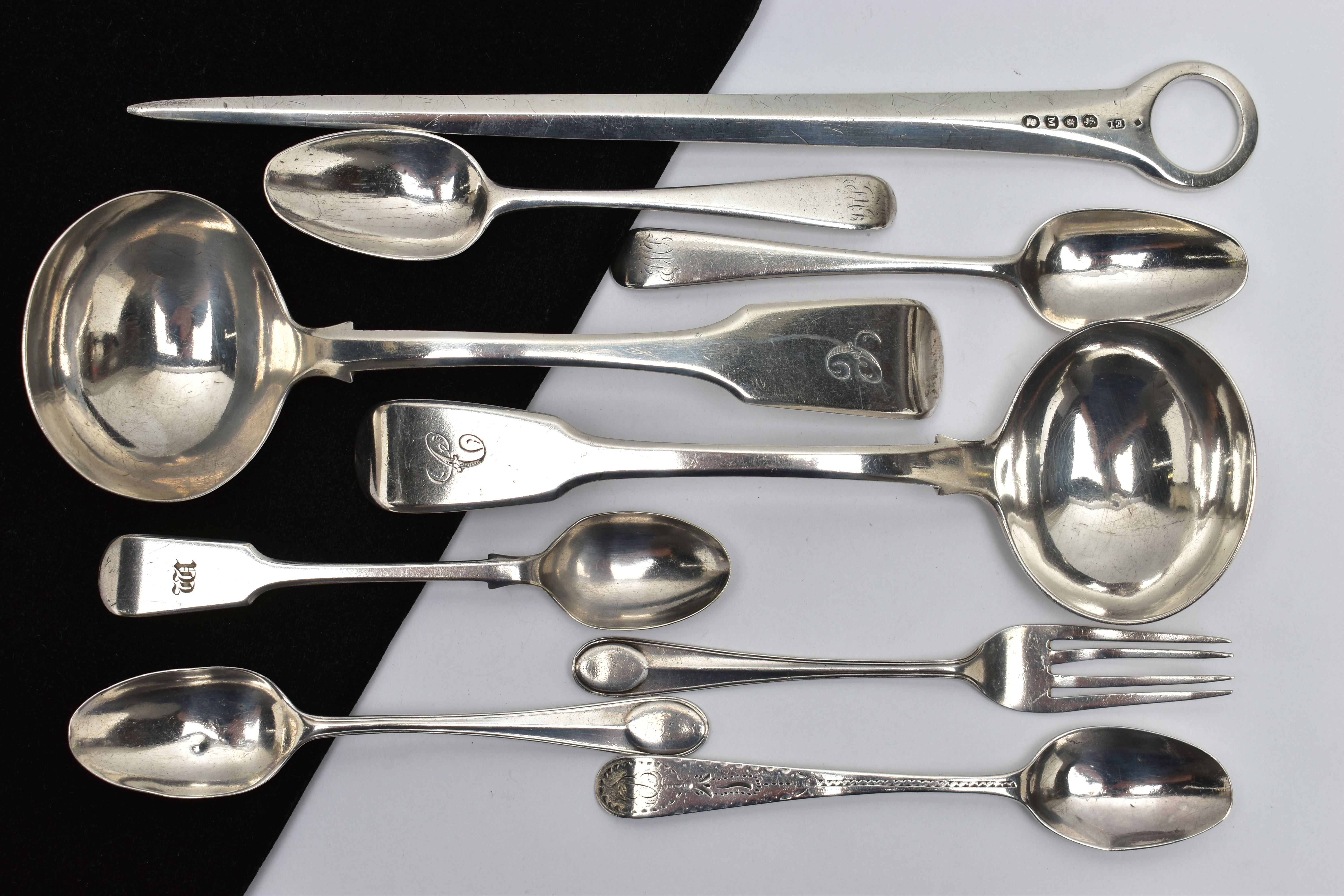 A GEORGE III SILVER MEAT SKEWER AND A SMALL PARCEL OF SILVER FLATWARE, the skewer engraved with