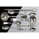 A GEORGE III SILVER MEAT SKEWER AND A SMALL PARCEL OF SILVER FLATWARE, the skewer engraved with