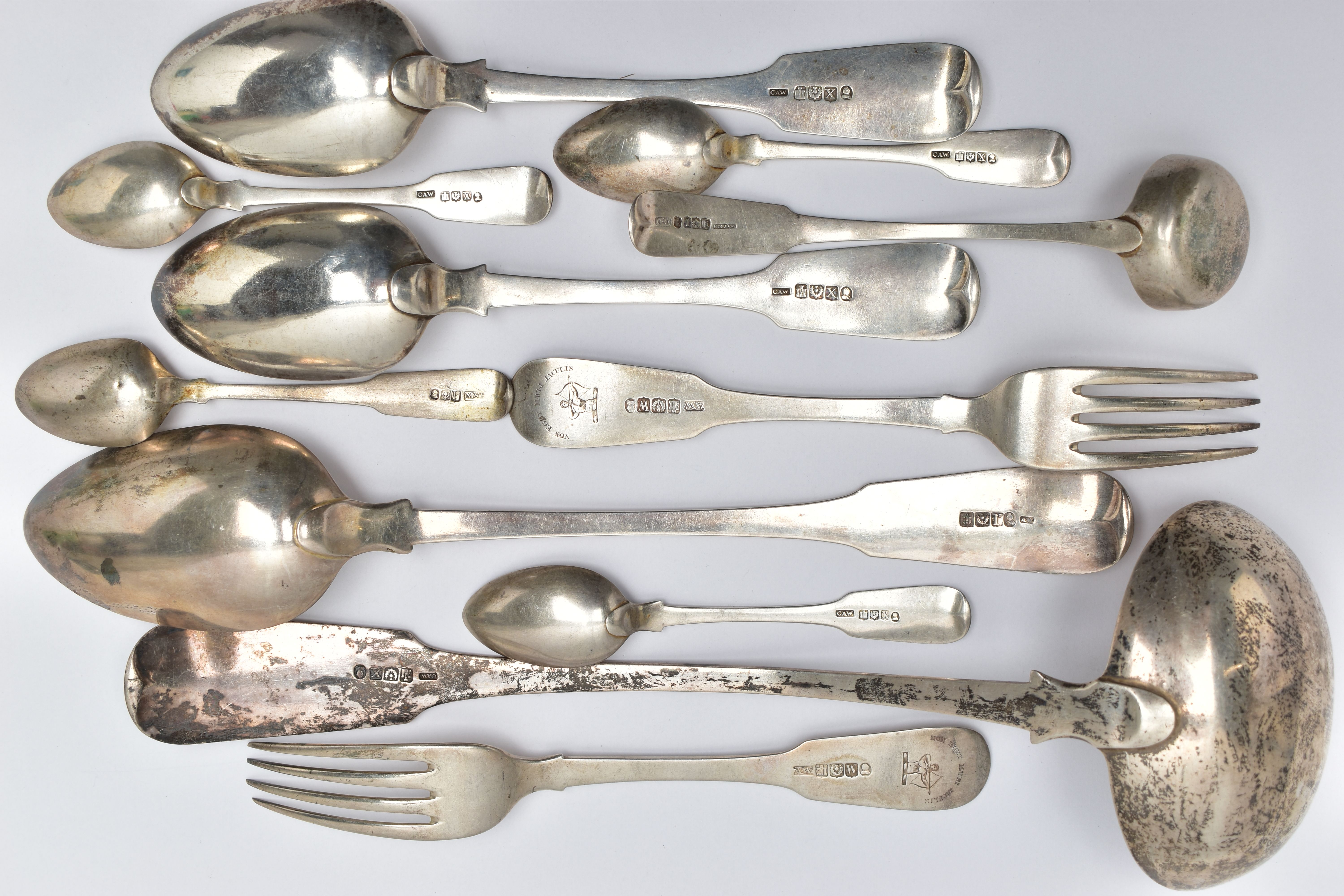 ELEVEN PIECES OF 19TH CENTURY SCOTTISH SILVER FLATWARE, comprising a soup ladle, two tablespoon - Image 5 of 7