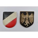 A PAIR OF GERMAN 3RD REICH TROPICAL HELMET DECAL BADGE,. IMPERIAL EAGLE & FLAG COLOUR DESIGN,