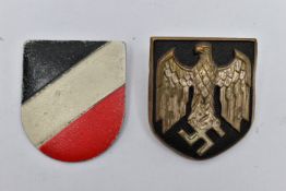 A PAIR OF GERMAN 3RD REICH TROPICAL HELMET DECAL BADGE,. IMPERIAL EAGLE & FLAG COLOUR DESIGN,