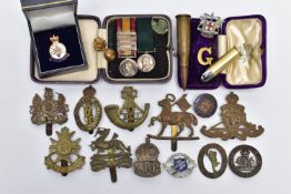 A SMALL BOX CONTAING VARIOUS MILITARY ITEMS AS FOLLOWS, two miniature medals QSA, four bars,