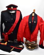 A LARGE BOX CONTAINING TWO DRESS UNIFORMS & OTHER ITEMS, as follows, Officers Mess No 1 Dress