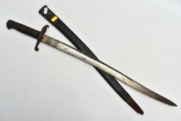 A FRENCH YATAGAN BAYONET FOR THE CHASSEPOT FRENCH RIFLE, scabbard is metal and leather, but no