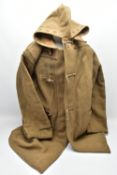 A ROYAL NAVY FOUL WEATHER WW2 PATTERN OFFICERS DUFFEL COAT (Camel) with hood, toggle fasteners,