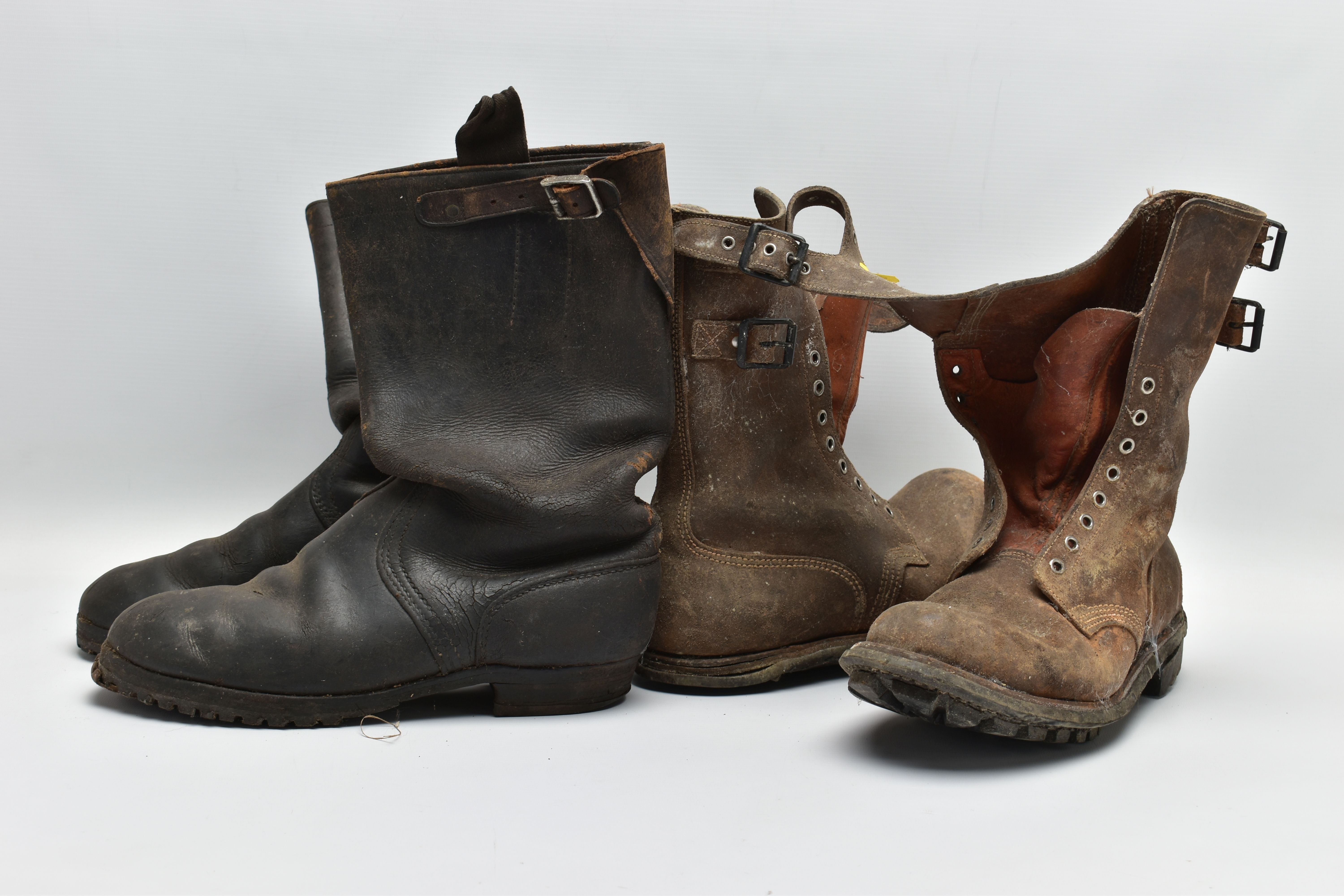 TWO PAIRS OF MILITARY BOOTS, both pairs, brown in colour, both pairs above ankle length with