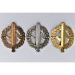 A SET OF GERMAN 3RD REICH S.A. SPORTS BADGES, GOLD, SILVER, BRONZE, variants, all are maker marked