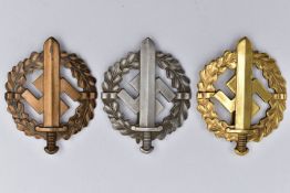 A SET OF GERMAN 3RD REICH S.A. SPORTS BADGES, GOLD, SILVER, BRONZE, variants, all are maker marked