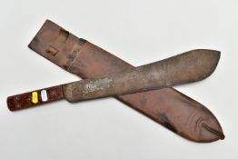 AN EXAMPLE OF A WORLD WAR TWO 'Endure' Machete, complete with leather scabbard, the blade has the
