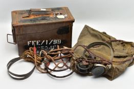 A BOX CONTAINING METAL AMMUNITION TIN, Military Canvas bag and three sets of Military plug in