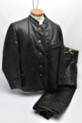 BLACK LEATHER KRIEGSMARINE FOUL WEATHER SUIT, in Black leather, the jacket is the no collar variant,