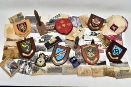 A BOX CONTAINING 20TH CENTURY MILITARY ITEMS, as follows, a pair of metal bookends fashioned from