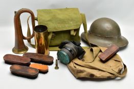 A LARGE BOX CONTAINING VARIOUS MILITARY ITEMS, as follows, Zuckerman helmet, complete with liner,