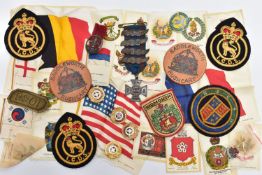 A BOX CONTAINING A SELECTION OF MILITARY AND CIVIL PATCHES AND BADGES, to includeCivil Defence,