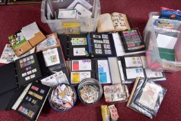 LARGE COLLECTION OF STAMPS IN TWO PLASTIC BOXES, and a small basket, we note a mint and used GB