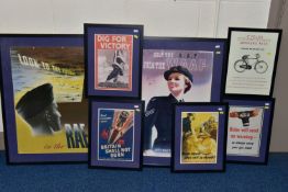 SEVEN GLAZED FRAMED WORLD WAR TWO BRITISH PROPOGANDA POSTERS, four are approximately 47x37c, one