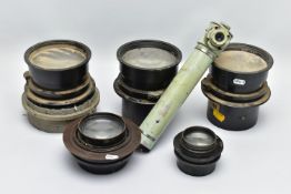 A BOX CONTAINING VARIOUS AIR MINISTRY PHOTOGRAPHIC LENSES AS USED IN WW2 RECON FLIGHTS BY SPITFIRES,