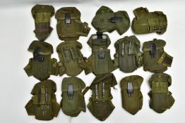 A BOX CONTAINING FOURTEEN US ARMY ISSUE AMMO/KIT POUCHES, green canvas with plastic grip catch and