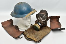 A BOX CONTAINING WW2 ERA CIVILIAN STEEL HELMET, in blue, with liner strap etc, white Diamond painted