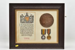 A FRAMED WORLD WAR ONE MEMORIAL DEATH PLAQUE, SCROLL AND PAIR OF MEDALS, as follows Memorial