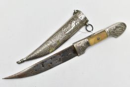 A SMALL KUKRI STYLE TOURIST KNIFE AND SCABBARD, marked Syria, possibly early 20th Century, silver