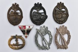 A BOX CONTAINING GERMAN WW2 ERA BADGES, all are believed to be reproduction, two Infantry Assault
