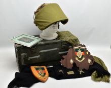 A BOX OF MILITARY ITEMS WITH IRISH/UDR INTEREST, as follows, large camo painted metal Ammo box,