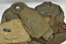 A LARGE BOX CONTAINING A LARGE ARMY KIT BAG WITH MARKINGS, two replica German WW2 Jackets one