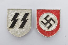 A PAIR OF GERMAN 3RD REICH TROPICAL HELMET DECAL BADGES. SS & SWASTIKA DESIGN, both are fixed by way