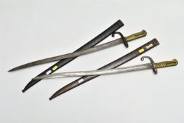 TWO VICTORIAN ERA BAYONETS AS FOLLOWS, a French Chassepot bayonet and scabbard, date marked 1871,