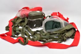 A LARGE BOX CONTAINING LOTS OF CANVAS GREEN WEBBING STRAPS, a large bags of red and green rolls of