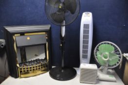 A COLLECTION OF FANS AND HEATERS to include a Dimplex CHT20 coal effect heater, Pifco desk fan,