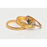 TWO POLISHED BANDS AND A GEM SET RING, the first a thin polished band, approximate band width 2.5mm,