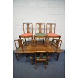 AN OAK DRAW LEAF DINING TABLE, open length 159cm x 90cm squared x height 76cm, and six chairs (7)