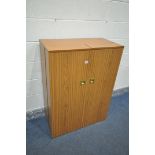 A MID-CENTURY DANISH STYLE TEAK EFFECT FOLDAWAY DESK, with an arrangement of shelves, drawers and