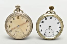 TWO MILITARY OPEN FACE POCKET WATCHES, the first a hand wound movement, Arabic numerals,