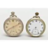 TWO MILITARY OPEN FACE POCKET WATCHES, the first a hand wound movement, Arabic numerals,