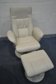 A CARECO CREAM LEATHERETTE SWIVEL RECLINING ARMCHAIR, and a matching footstool (condition - good