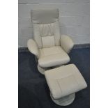 A CARECO CREAM LEATHERETTE SWIVEL RECLINING ARMCHAIR, and a matching footstool (condition - good