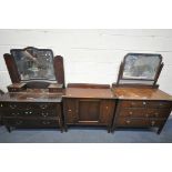 TWO EARLY 20TH CENTURY DRESSING CHESTS, with single swing mirrors, and four drawers, width 107cm x