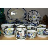 A GROUP OF EARLY MINTON TEAWARES AND FLOW BLUE DINNERWARE, comprising Minton G4952 floral pattern